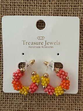 Treasure Jewels Multicolor Beaded Hoop Earrings — Pink, Orange & Yellow